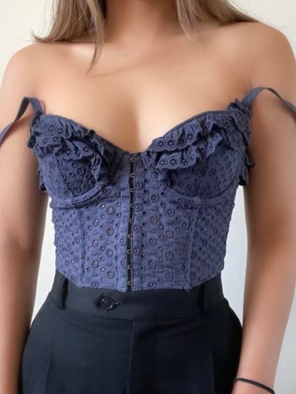 Vintage Victoria's Secret Bustier Bra Navy Eyelet Sexy Little Things Cropped 36B